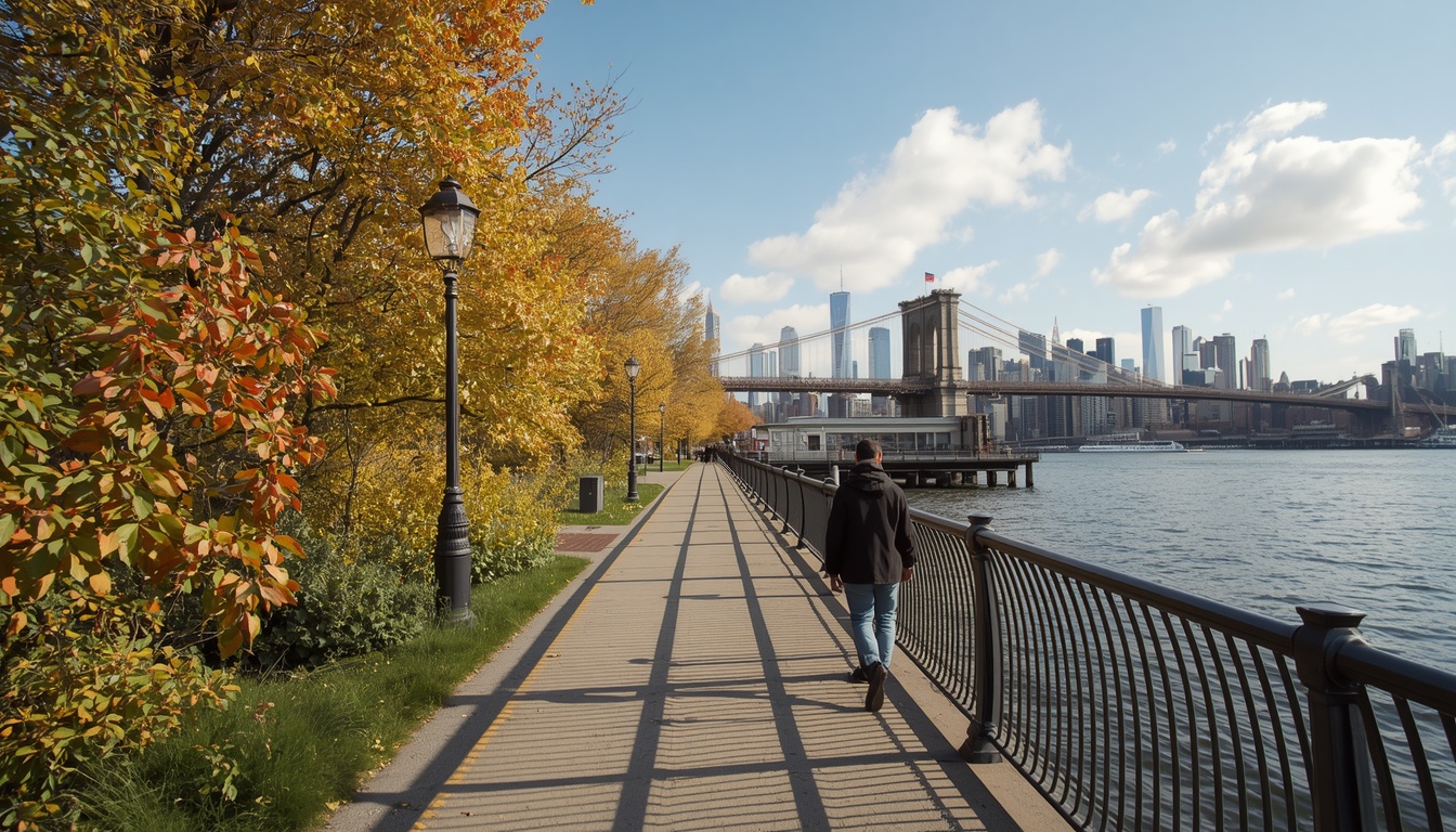 Scenic urban walking path along the New York waterfront